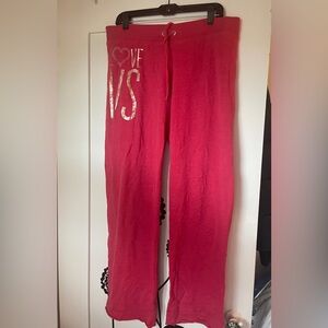 Victoria Secret Love VS drawstring Coral Red & Gold Strsight Leg Sweatpants Lg